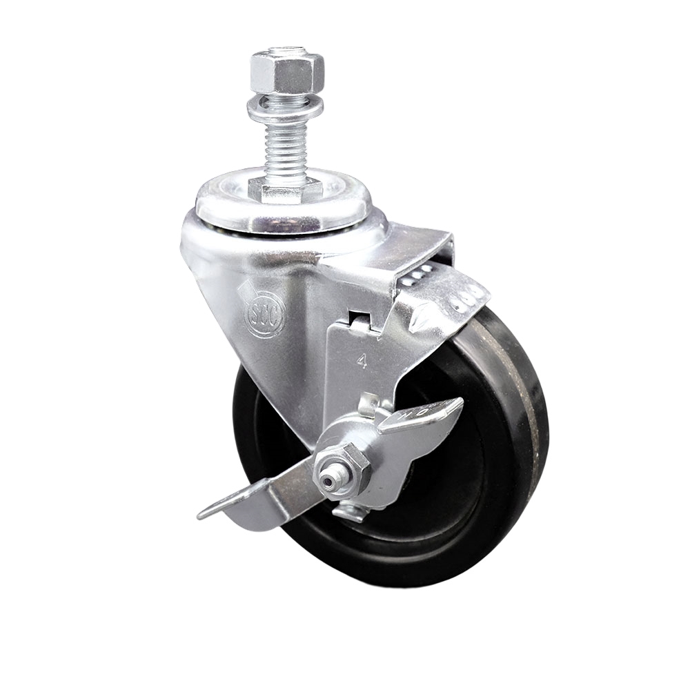 Phenolic Swivel Threaded Stem Caster w/Roller Bearing - 4" x 1.25" Black Wheel and 12MM Metric Stem & Top Locking Brake - 300 lbs Capacity/Caster - Service Caster Brand — photo 1