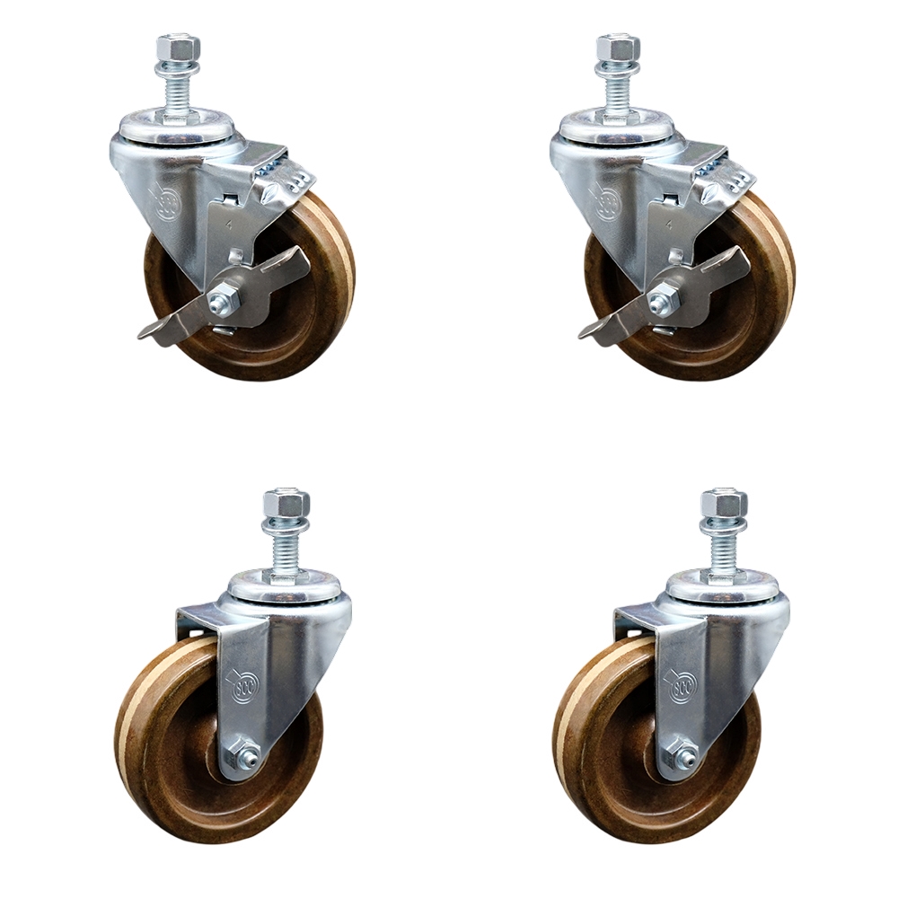 High Temperature Phenolic Swivel Threaded Stem Caster Set 4 w/Roller Bearing - 4" x 1.25" Brown Wheels and 1/2" Stems - Includes 2 with Top Locking Brake - 1200 lbs Total Capacity-Service Caster Brand — photo 1