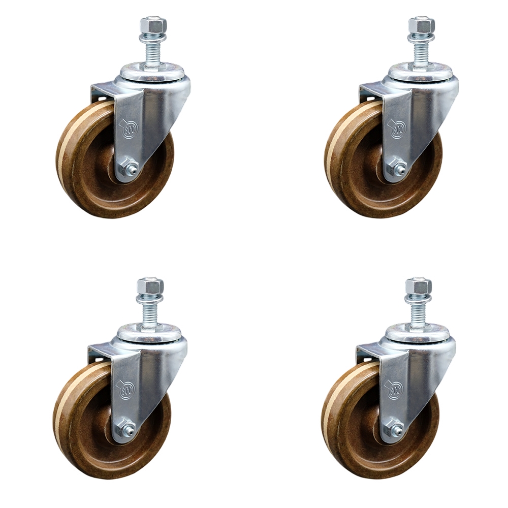 High Temperature Phenolic Swivel Threaded Stem Caster w/Roller Bearing Set of 4 w/4" x 1.25" Brown Wheels and 1/2" Stems - Includes 4 Swivel - 1200 lbs Total Capacity - Service Caster Brand — photo 1