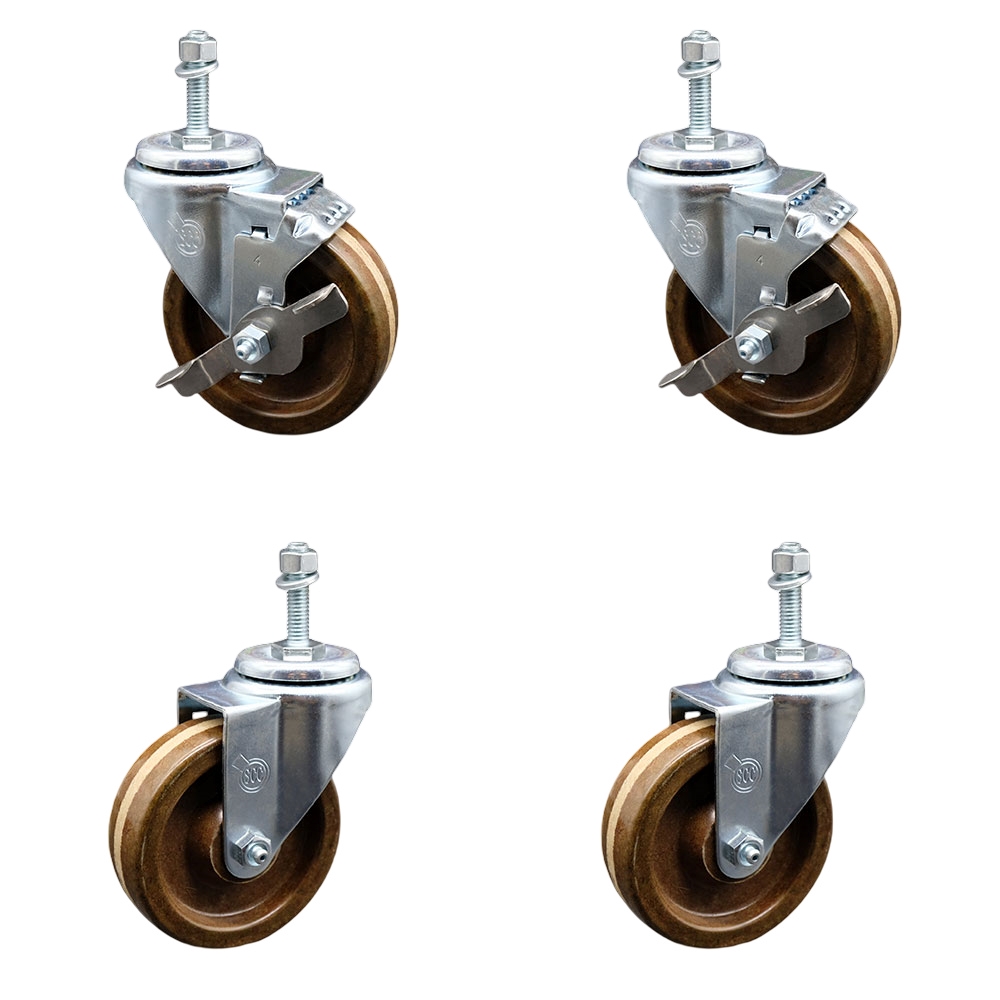 High Temperature Phenolic Swivel Threaded Stem Caster Set 4 w/Roller Bearing - 4" x 1.25" Brown Wheels and 3/8" Stems - Includes 2 with Top Locking Brake - 1200 lbs Total Capacity-Service Caster Brand — photo 1