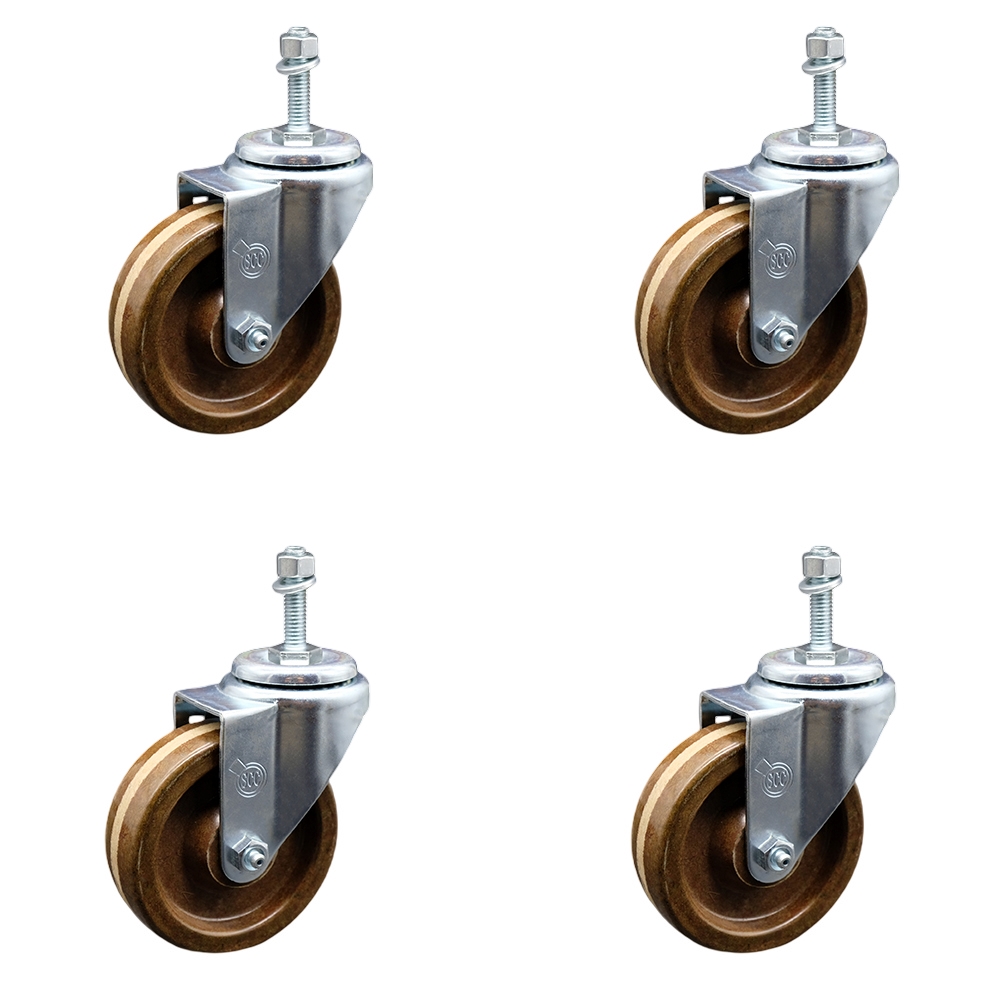 High Temperature Phenolic Swivel Threaded Stem Caster Set of 4 w/4" x 1.25" Brown Wheels and 3/8" Stems - Includes 4 Swivel - 1200 lbs Total Capacity - Service Caster Brand — photo 1