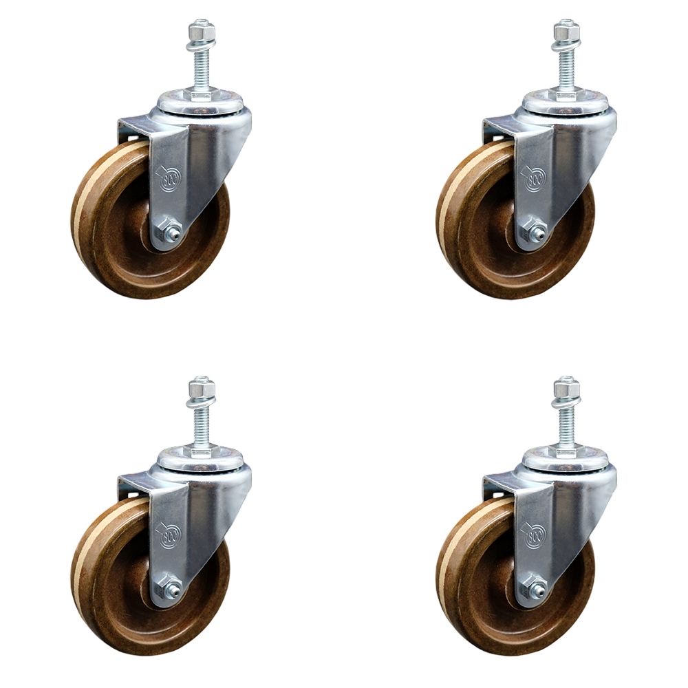 High Temperature Phenolic Swivel Threaded Stem Caster Set of 4 w/4" x 1.25" Brown Wheels and 10mm Stems - Includes 4 Swivel - 1200 lbs Total Capacity - Service Caster Brand — photo 1