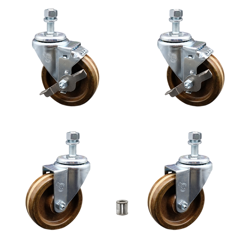 High Temperature Phenolic Swivel Threaded Stem Caster Set 4 w/Roller Bearing - 4" x 1.25" Brown Wheels & 12MM Metric Stems-Includes 2 with Top Locking Brake-1200lbs Total Capacity-Service Caster Brand — photo 1