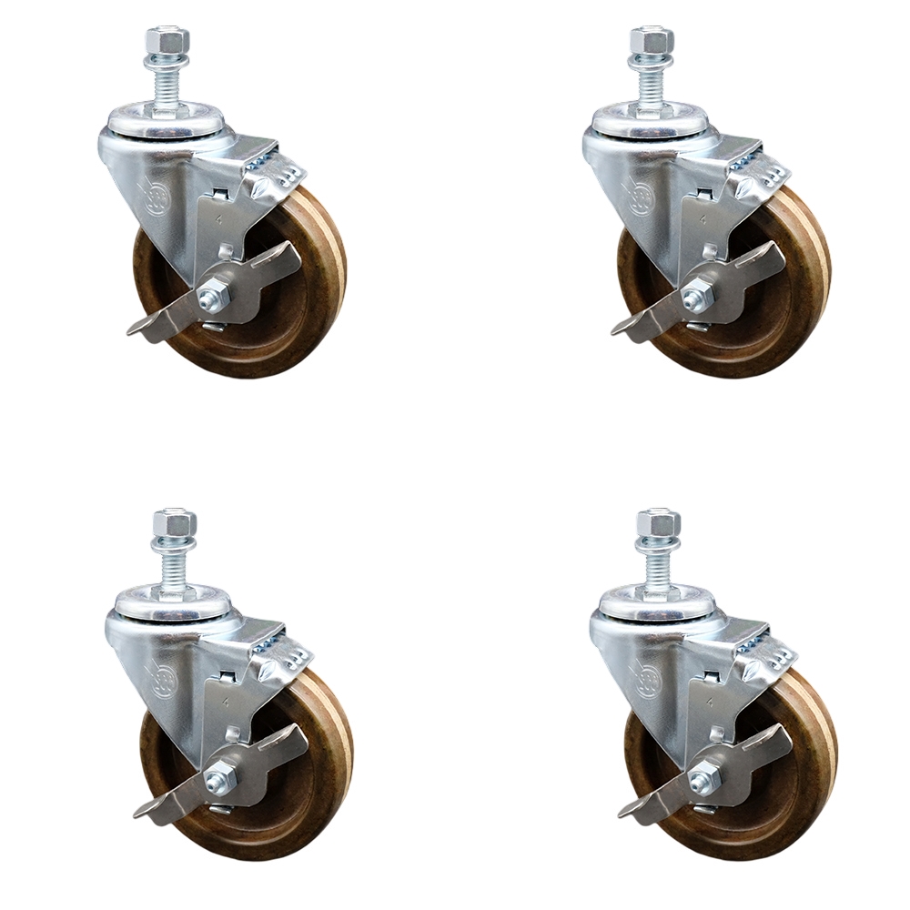 High Temperature Phenolic Swivel Threaded Stem Caster Set of 4 w/4" x 1.25" Brown Wheels and 1/2" Stems - Includes 4 with Top Lock Brakes - 1200 lbs Total Capacity - Service Caster Brand — photo 1