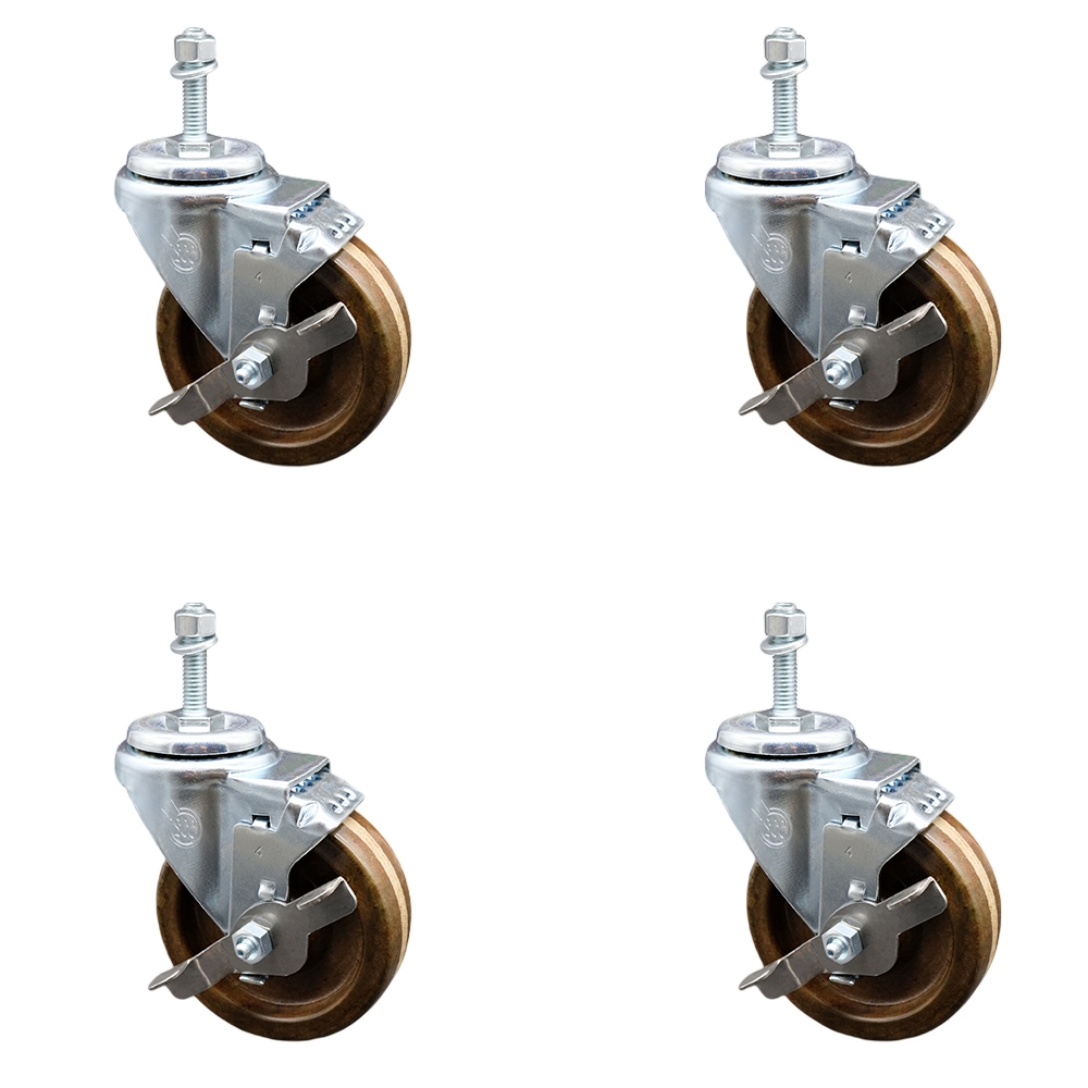 High Temperature Phenolic Swivel Threaded Stem Caster Set of 4 w/4" x 1.25" Brown Wheels and 10mm Stems - Includes 4 with Top Lock Brakes - 1200 lbs Total Capacity - Service Caster Brand — photo 1