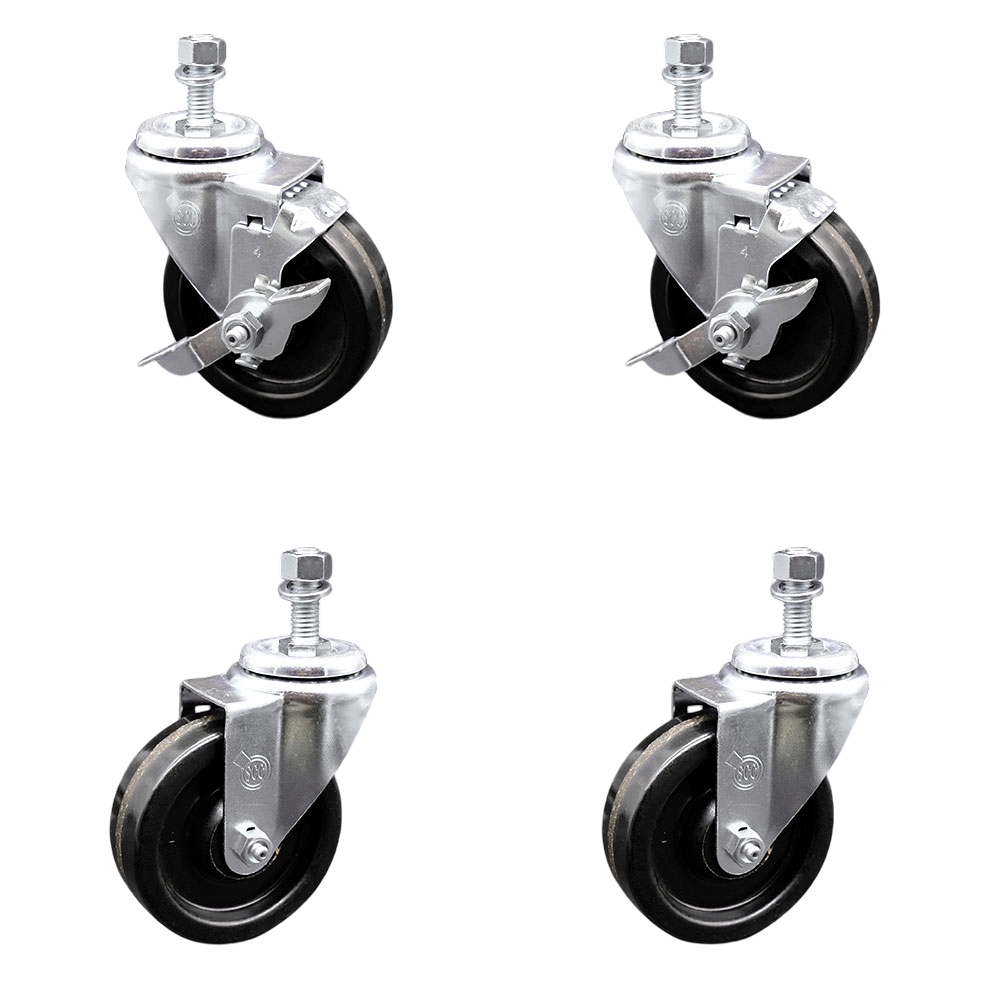 Phenolic Swivel Threaded Stem Caster Set of 4 w/4" x 1.25" Black Wheels and 1/2" Stems - Includes 2 with Top Locking Brake - 1200 lbs Total Capacity - Service Caster Brand — photo 1