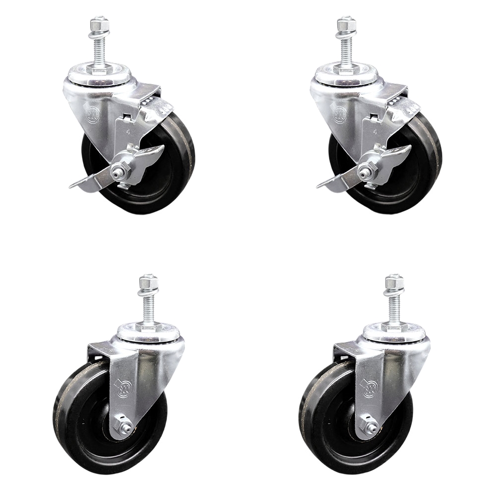 Phenolic Swivel Threaded Stem Caster Set of 4 w/4" x 1.25" Black Wheels and 3/8" Stems - Includes 2 with Top Locking Brake - 1200 lbs Total Capacity - Service Caster Brand — photo 1
