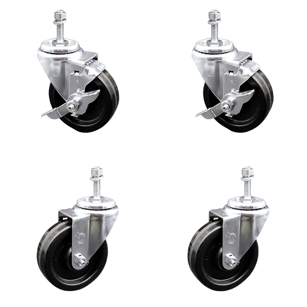 Phenolic Swivel Threaded Stem Caster Set of 4 w/4" x 1.25" Black Wheels and 10MM Metric Stems - Includes 2 with Top Locking Brake - 1200 lbs Total Capacity - Service Caster Brand — photo 1