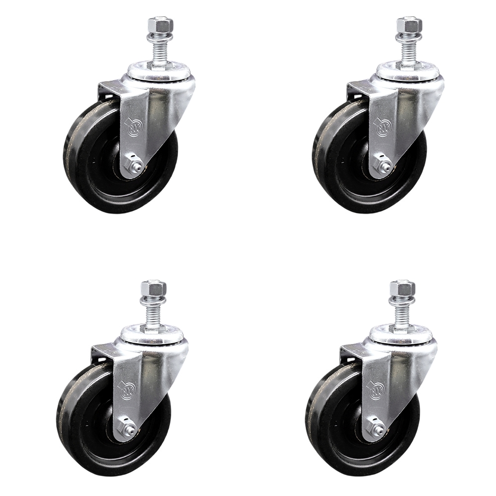 Phenolic Swivel Threaded Stem Caster Set of 4 w/4" x 1.25" Black Wheels and 10mm Stems - Includes 4 Swivel - 1200 lbs Total Capacity - Service Caster Brand — photo 1