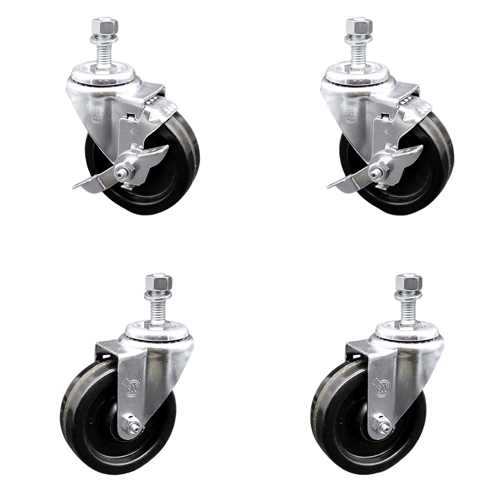 Phenolic Swivel Threaded Stem Caster Set of 4 w/4" x 1.25" Black Wheels and 12MM Metric Stems - Includes 2 with Top Locking Brake - 1200 lbs Total Capacity - Service Caster Brand — photo 1