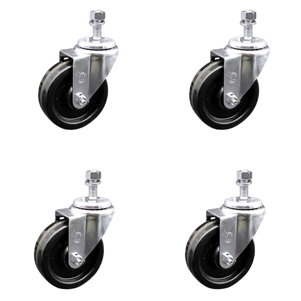 Phenolic Swivel Threaded Stem Caster Set of 4 w/4" x 1.25" Black Wheels and 12mm Stems - Includes 4 Swivel - 1200 lbs Total Capacity - Service Caster Brand — photo 1