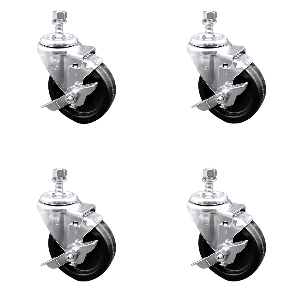 Phenolic Swivel Threaded Stem Caster Set of 4 w/4" x 1.25" Black Wheels and 10mm Stems - Includes 4 with Top Lock Brakes - 1200 lbs Total Capacity - Service Caster Brand — photo 1