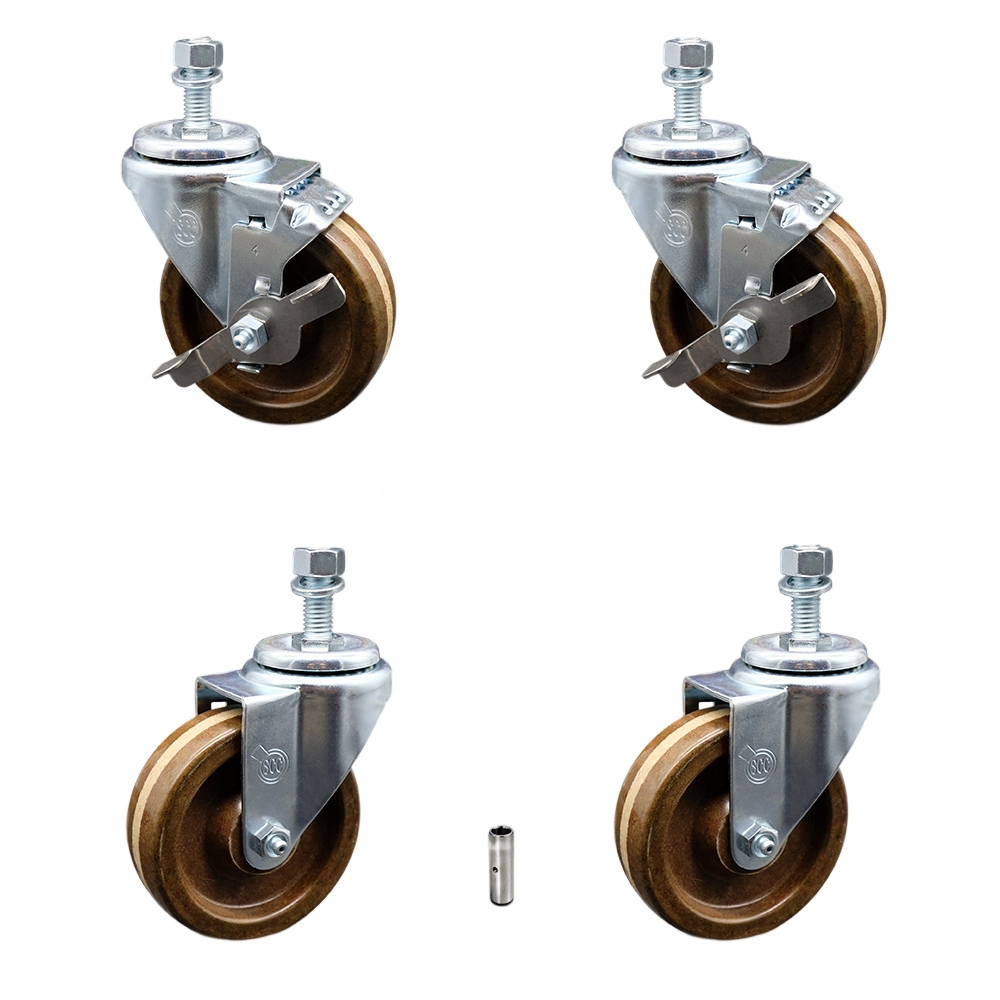 High Temperature Phenolic Swivel Threaded Stem Caster Set of 4 - 4" x 1.25" Brown Wheels and 1/2" Stems - Includes 2 with Top Locking Brake - 1200 lbs Total Capacity - Service Caster Brand — photo 1