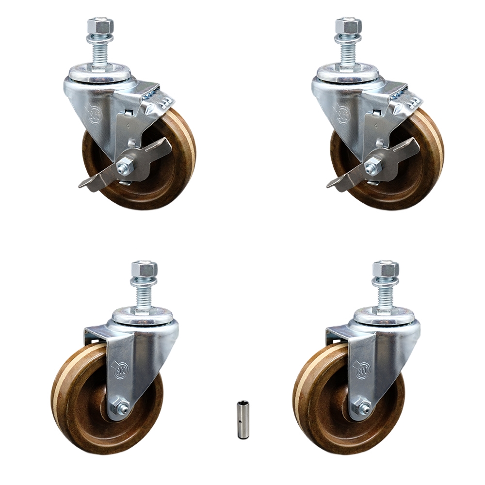 High Temperature Phenolic Swivel Threaded Stem Caster Set of 4 - 4" x 1.25" Brown Wheels and 12MM Metric Stems - Includes 2 with Top Locking Brake - 1200 lbs Total Capacity - Service Caster Brand — photo 1