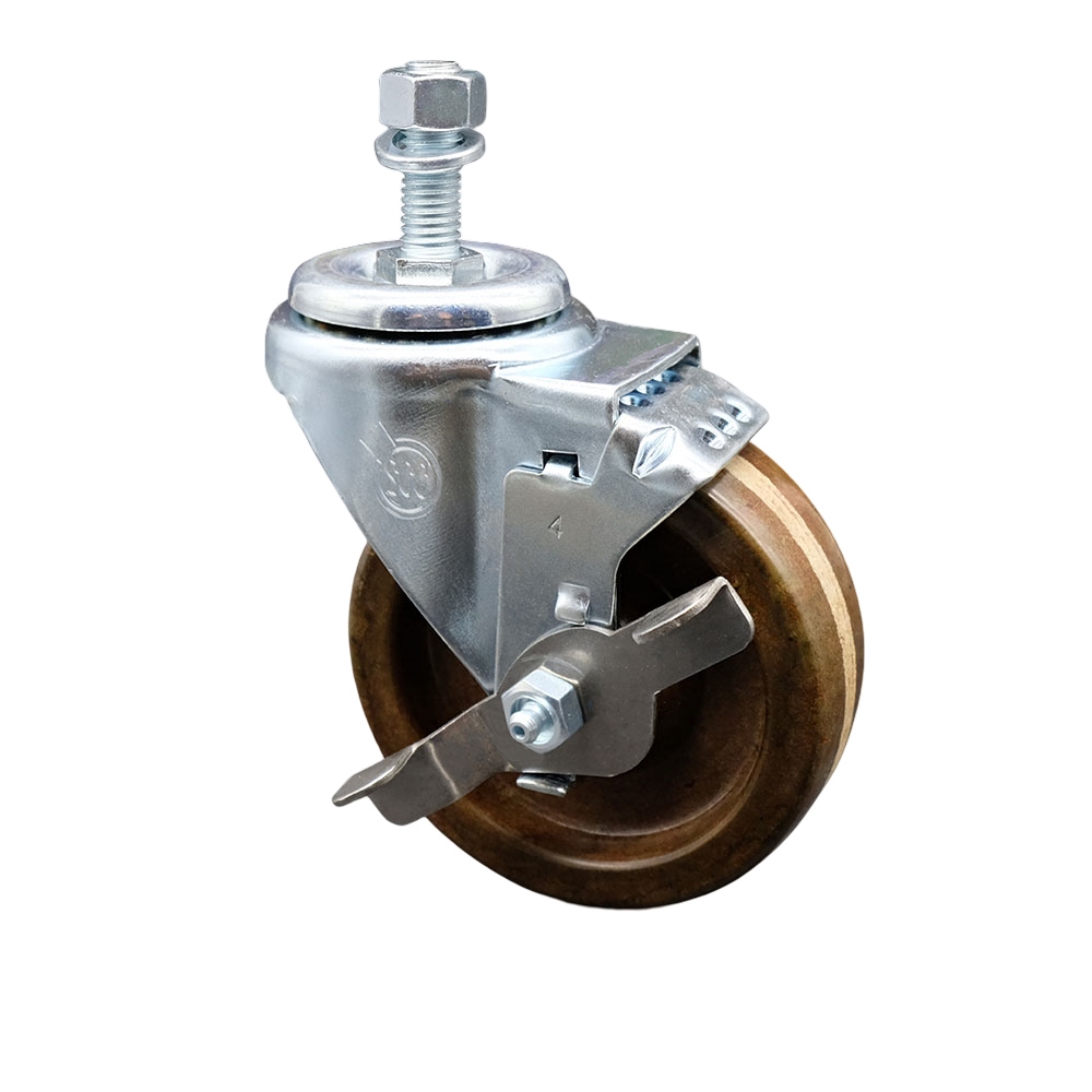 High Temperature Phenolic Swivel Threaded Stem Caster - 4" x 1.25" Brown Wheel and 1/2" Stem & Top Locking Brake - 300 lbs Capacity/Caster - Service Caster Brand — photo 1