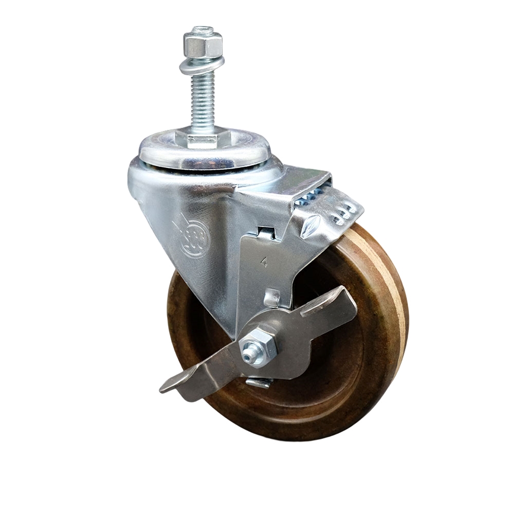 High Temperature Phenolic Swivel Threaded Stem Caster - 4" x 1.25" Brown Wheel and 3/8" Stem & Top Locking Brake - 300 lbs Capacity/Caster - Service Caster Brand — photo 1