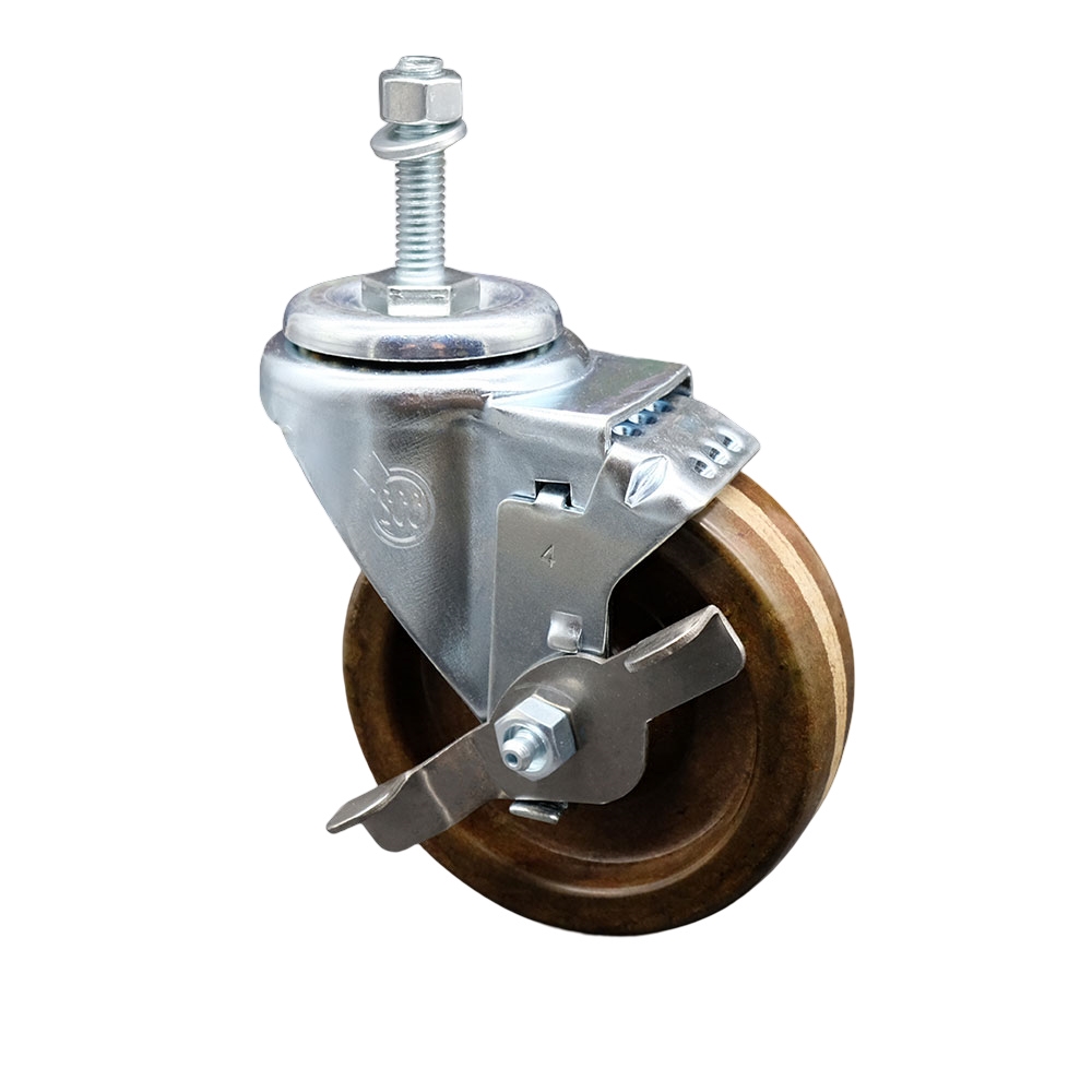 High Temperature Phenolic Swivel Threaded Stem Caster - 4" x 1.25" Brown Wheel and 10MM Metric Stem & Top Locking Brake - 300 lbs Capacity/Caster - Service Caster Brand — photo 1