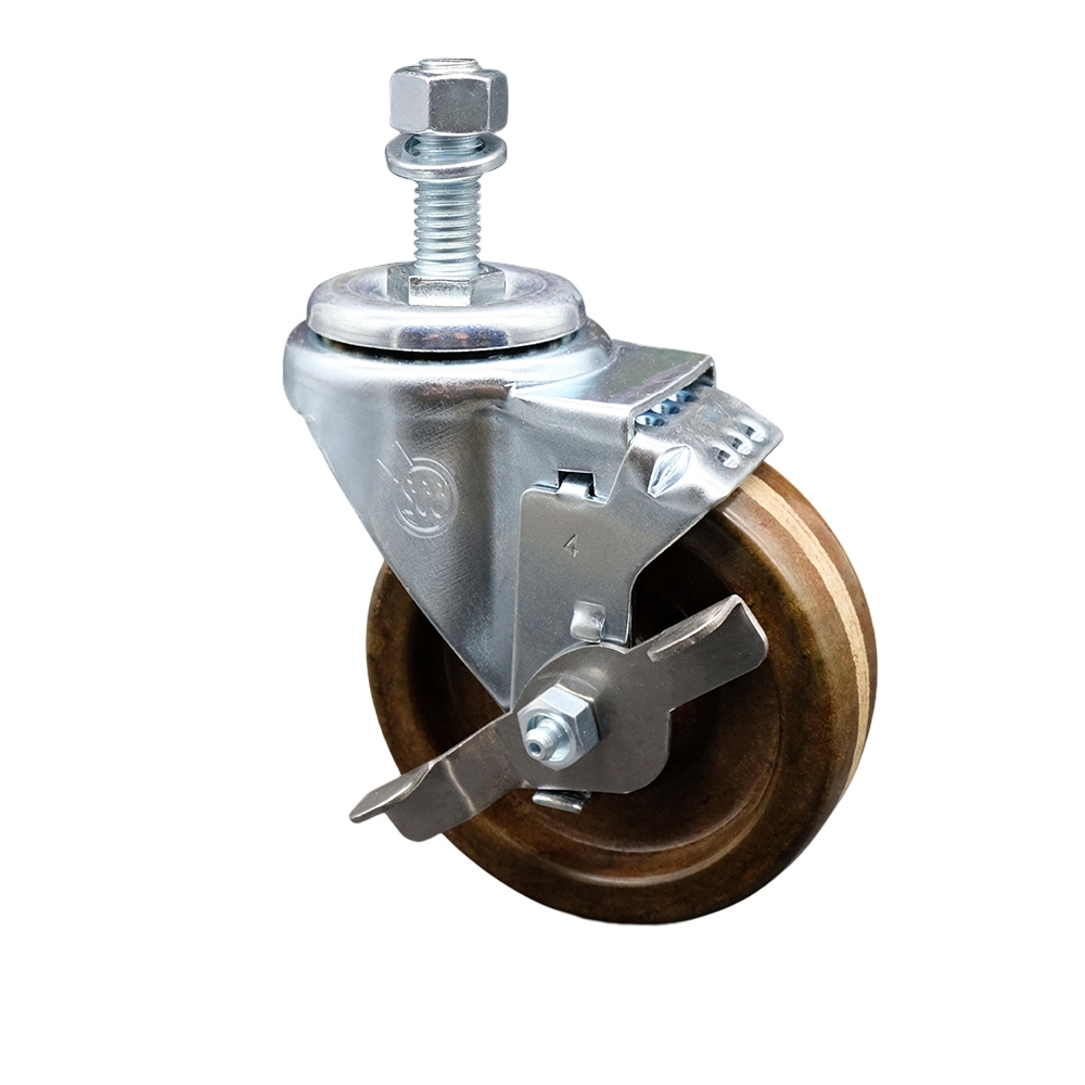 High Temperature Phenolic Swivel Threaded Stem Caster - 4" x 1.25" Brown Wheel and 12MM Metric Stem & Top Locking Brake - 300 lbs Capacity/Caster - Service Caster Brand — photo 1