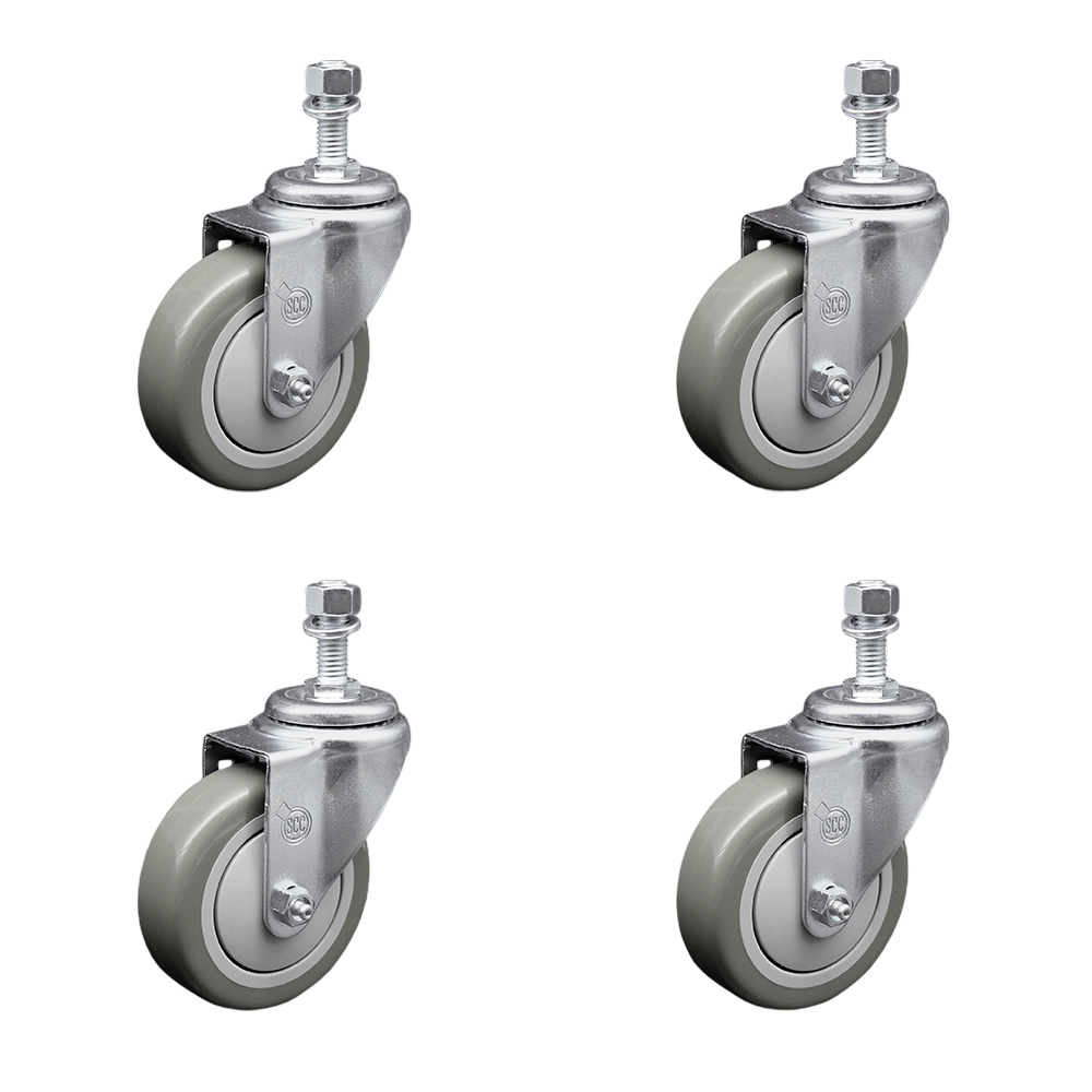 Polyurethane Swivel Threaded Stem Caster Set of 4 w/4" x 1.25" Gray Wheels and 1/2" Stems - Includes 4 Swivel - 1400 lbs Total Capacity - Service Caster Brand — photo 1