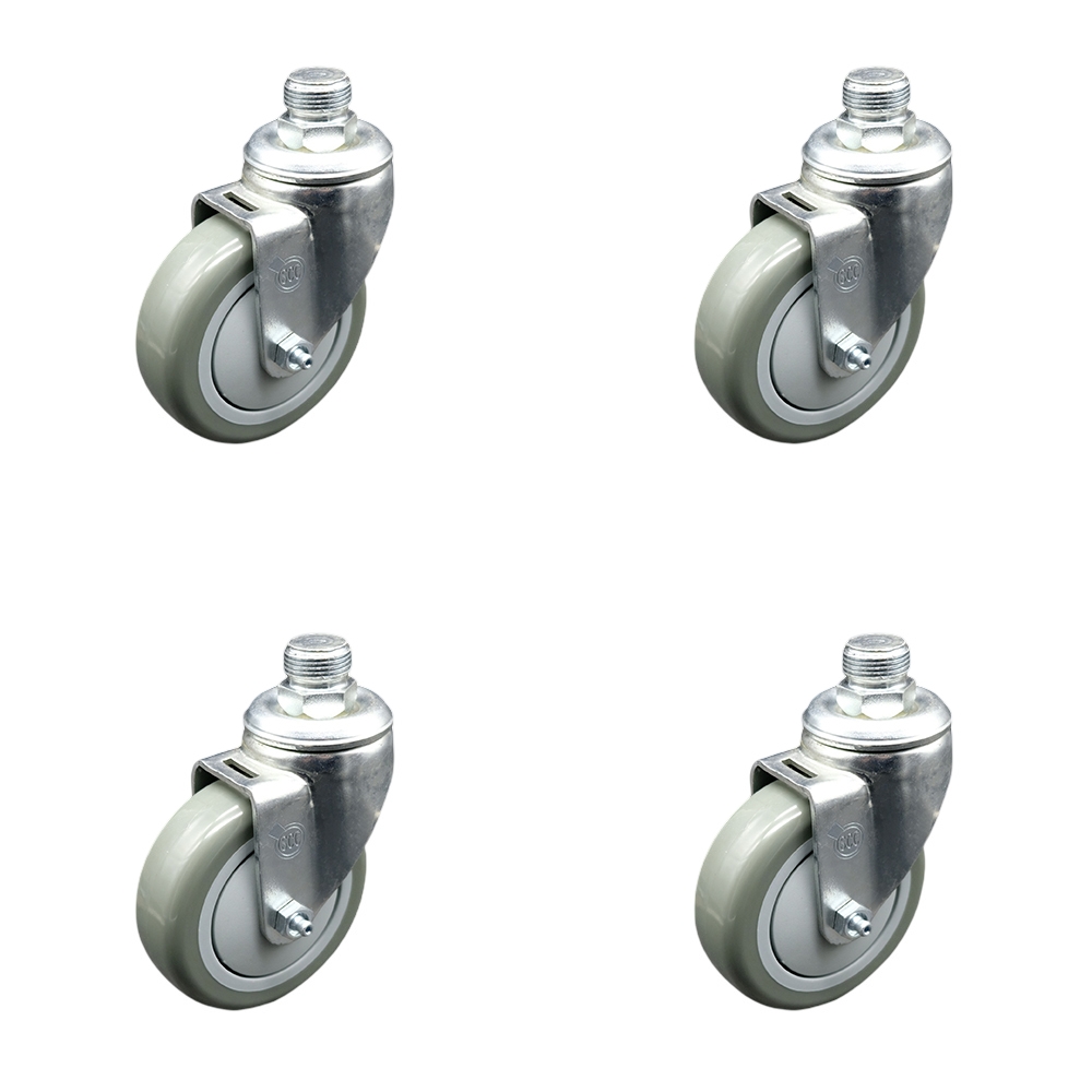 3/4" NPT Pipe Threaded Stem Swivel Caster Set w/4” x 1.25” Gray Non-Marking Polyurethane Wheels – 1,400 lbs. Total Capacity – Set of 4 – Service Caster Brand — photo 1