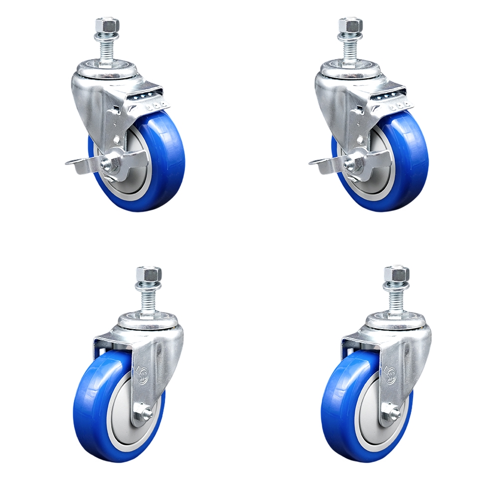 Polyurethane Swivel Threaded Stem Caster Set of 4 w/4" x 1.25" Blue Wheels and 1/2" Stems - Includes 2 with Top Locking Brake - 1400 lbs Total Capacity - Service Caster Brand — photo 1