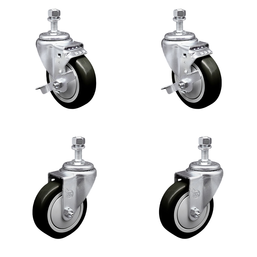 Polyurethane Swivel Threaded Stem Caster Set of 4 w/4" x 1.25"  Black Wheels and 1/2" Stems - Includes 2 with Top Locking Brake - 1400 lbs Total Capacity - Service Caster Brand — photo 1