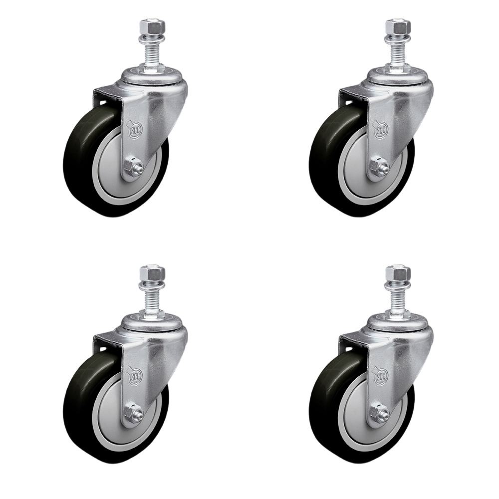 Polyurethane Swivel Threaded Stem Caster Set of 4 w/4" x 1.25" Black Wheels and 1/2" Stems - Includes 4 Swivel - 1400 lbs Total Capacity - Service Caster Brand — photo 1