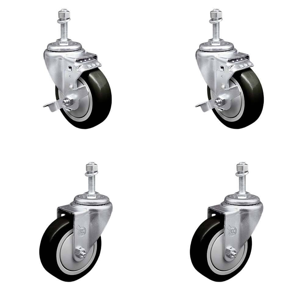 Polyurethane Swivel Threaded Stem Caster Set of 4 w/4" x 1.25" Black Wheels and 3/8" Stems - Includes 2 with Top Locking Brake - 1400 lbs Total Capacity - Service Caster Brand — photo 1