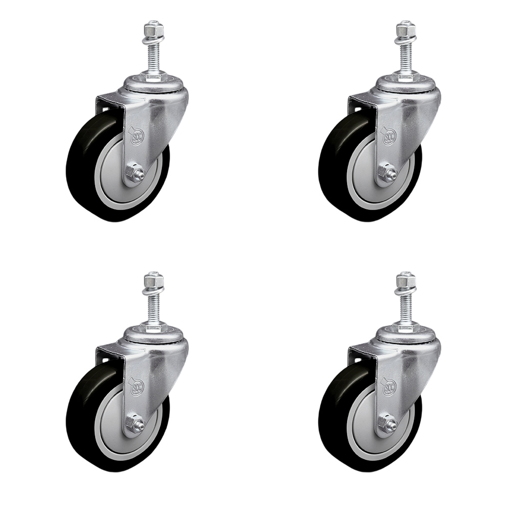 Polyurethane Swivel Threaded Stem Caster Set of 4 w/4" x 1.25" Black Wheels and 3/8" Stems - Includes 4 Swivel - 1400 lbs Total Capacity - Service Caster Brand — photo 1
