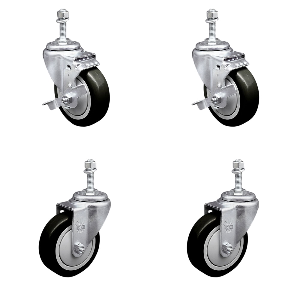 Polyurethane Swivel Threaded Stem Caster Set of 4 w/4" x 1.25"  Black Wheels and 10mm Stems - Includes 2 with Top Locking Brake - 1400 lbs Total Capacity - Service Caster Brand — photo 1