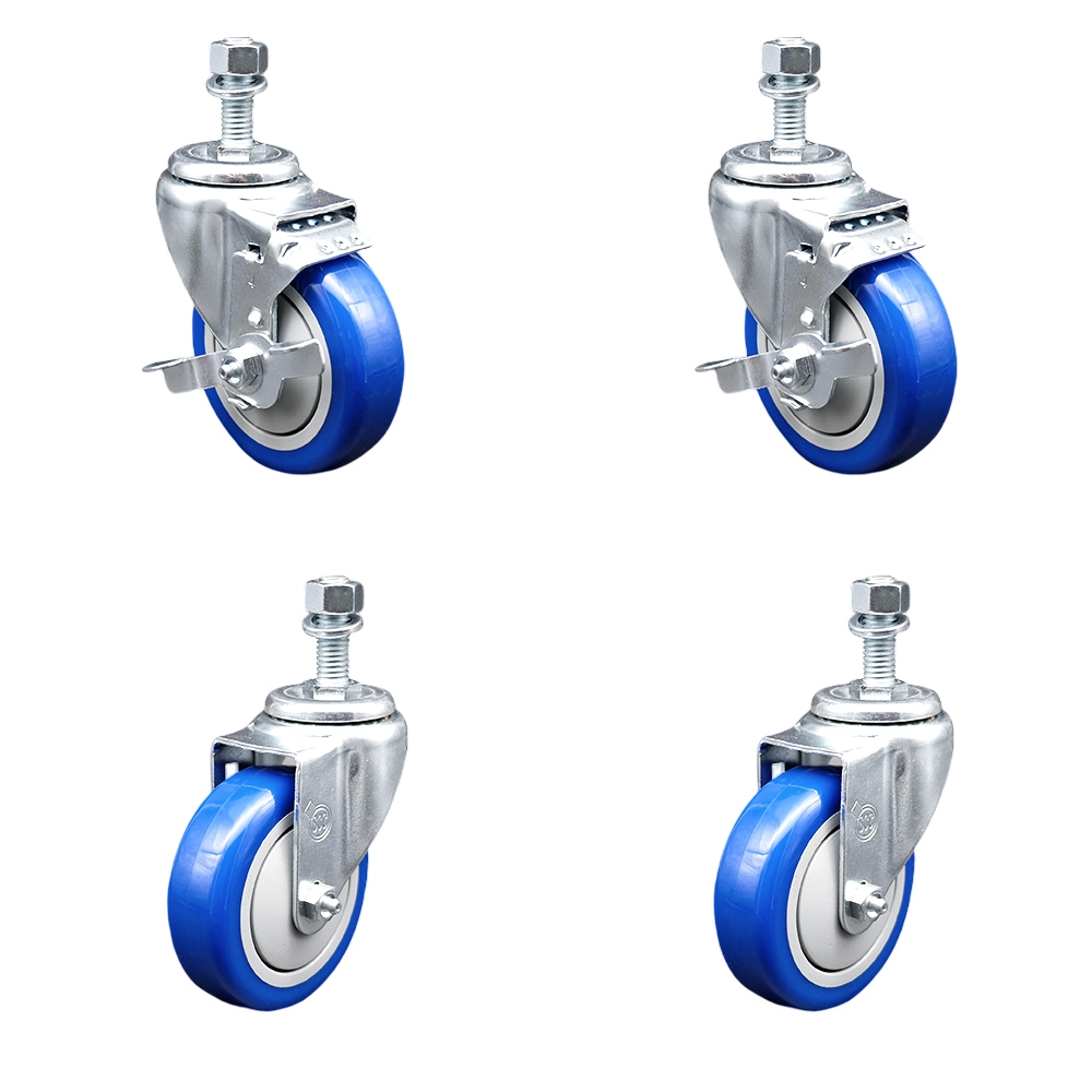 Polyurethane Swivel Threaded Stem Caster Set of 4 w/4" x 1.25"  Blue Wheels and 12mm Stems - Includes 2 with Top Locking Brake - 1400 lbs Total Capacity - Service Caster Brand — photo 1