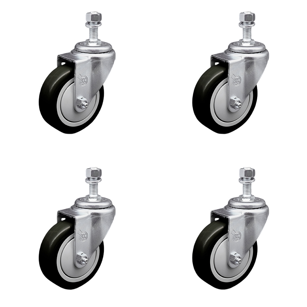 Polyurethane Swivel Threaded Stem Caster Set of 4 w/4" x 1.25" Black Wheels and 12mm Stems - Includes 4 Swivel - 1400 lbs Total Capacity - Service Caster Brand — photo 1
