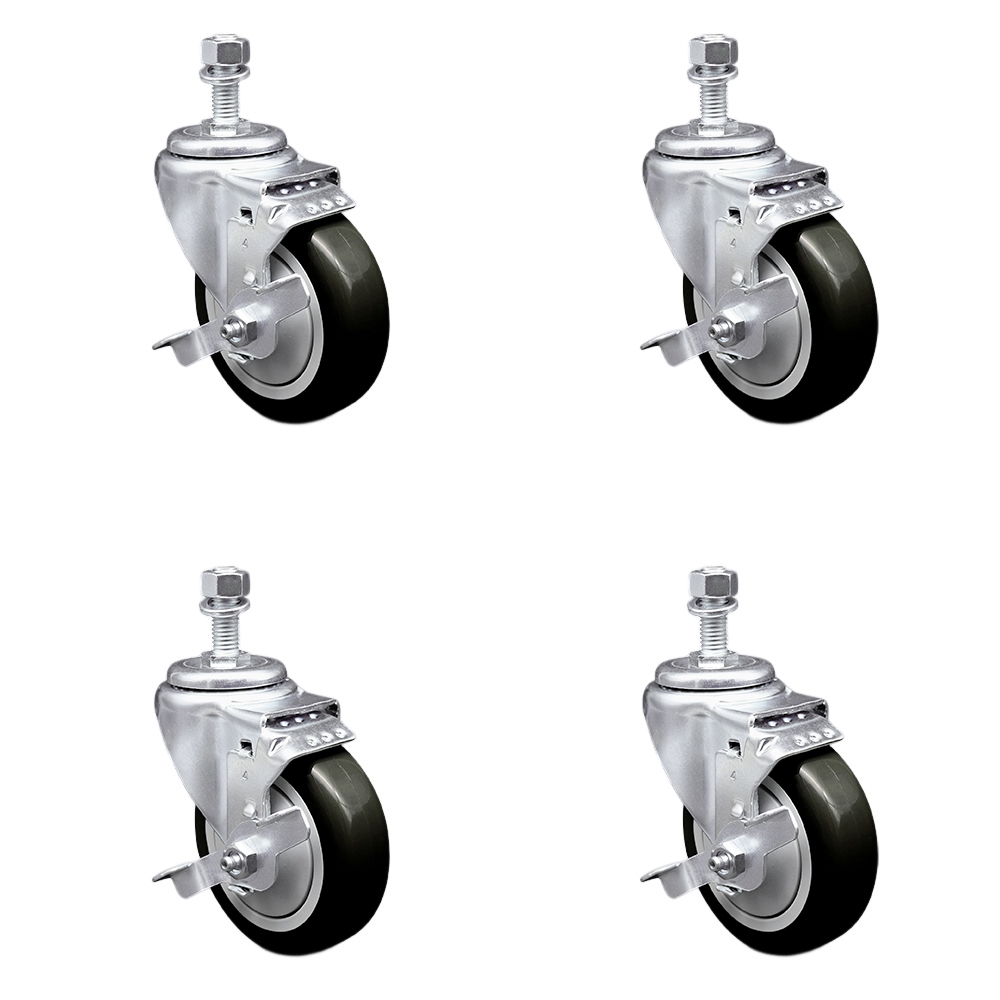 Polyurethane Swivel Threaded Stem Caster Set of 4 w/4" x 1.25" Black Wheels and 1/2" Stems - Includes 4 with Top Lock Brakes - 1400 lbs Total Capacity - Service Caster Brand — photo 1