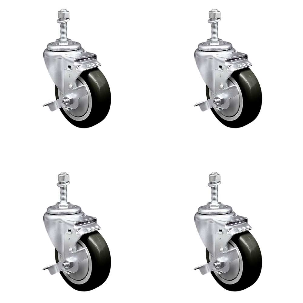 Polyurethane Swivel Threaded Stem Caster Set of 4 w/4" x 1.25" Black Wheels and 3/8" Stems - Includes 4 with Top Lock Brakes - 1400 lbs Total Capacity - Service Caster Brand — photo 1