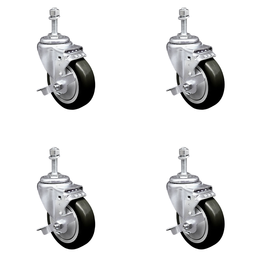 Polyurethane Swivel Threaded Stem Caster Set of 4 w/4" x 1.25" Black Wheels and 10mm Stems - Includes 4 with Top Lock Brakes - 1400 lbs Total Capacity - Service Caster Brand — photo 1