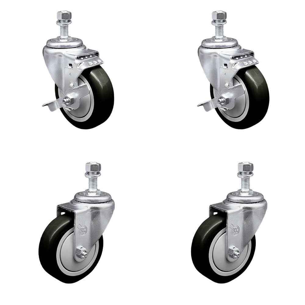 Polyurethane Swivel Threaded Stem Caster Set of 4 w/4" x 1.25"  Black Wheels and 12mm Stems - Includes 2 with Top Locking Brake - 1400 lbs Total Capacity - Service Caster Brand — photo 1