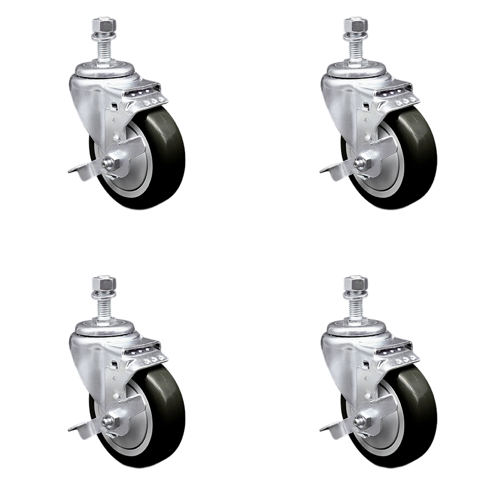 Polyurethane Swivel Threaded Stem Caster Set of 4 w/4" x 1.25" Black Wheels and 12mm Stems - Includes 4 with Top Lock Brakes - 1400 lbs Total Capacity - Service Caster Brand — photo 1