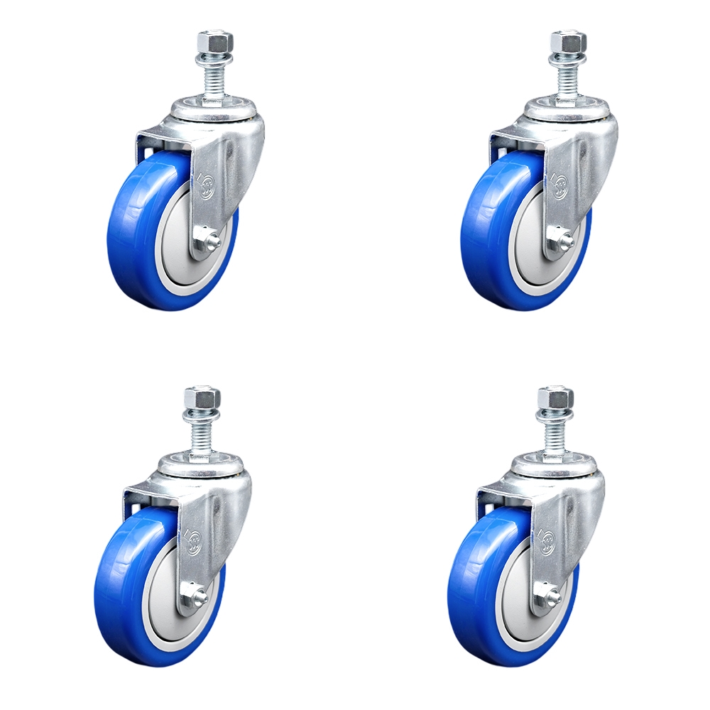 Polyurethane Swivel Threaded Stem Caster Set of 4 w/4" x 1.25" Blue Wheels and 1/2" Stems - Includes 4 Swivel - 1400 lbs Total Capacity - Service Caster Brand — photo 1