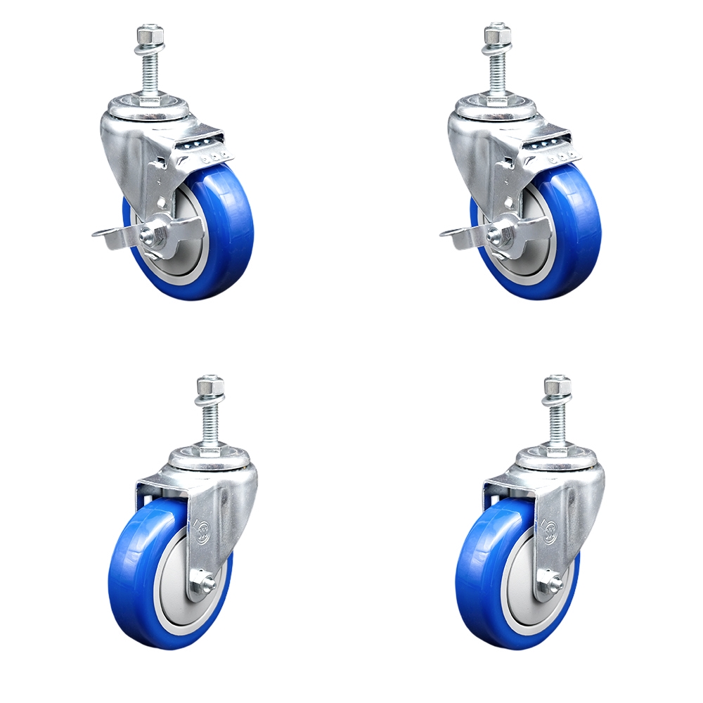 Polyurethane Swivel Threaded Stem Caster Set of 4 w/4" x 1.25" Blue Wheels and 3/8" Stems - Includes 2 with Top Locking Brake - 1400 lbs Total Capacity - Service Caster Brand — photo 1