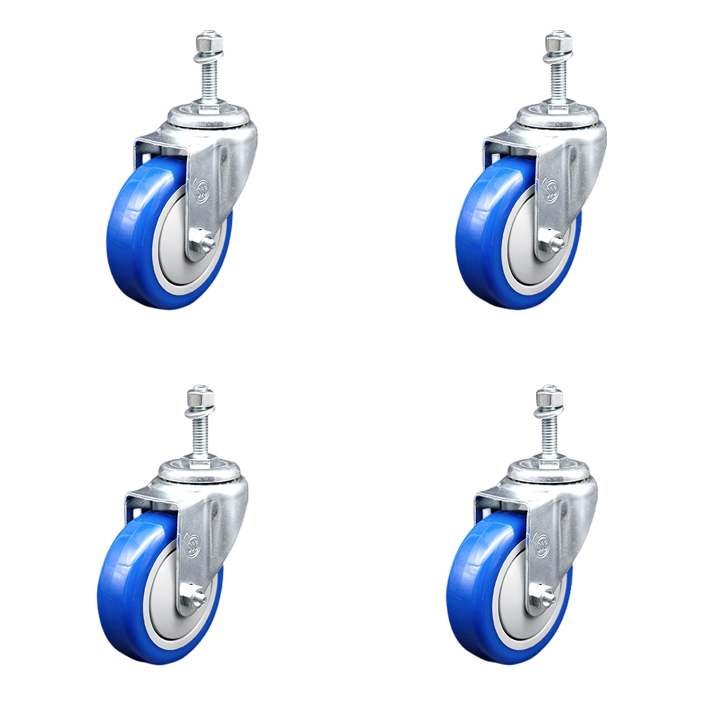 Polyurethane Swivel Threaded Stem Caster Set of 4 w/4" x 1.25" Blue Wheels and 10mm Stems - Includes 4 Swivel - 1400 lbs Total Capacity - Service Caster Brand — photo 1