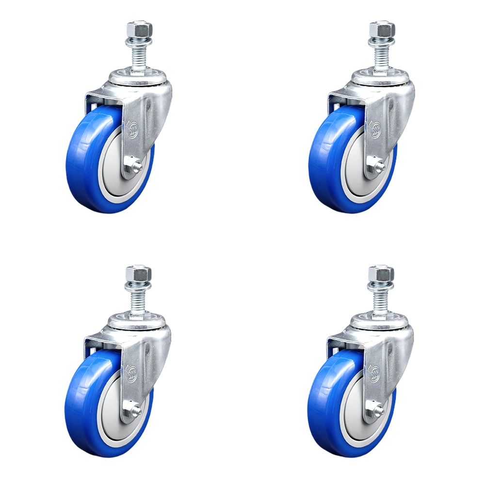 Polyurethane Swivel Threaded Stem Caster Set of 4 w/4" x 1.25" Blue Wheels and 12mm Stems - Includes 4 Swivel - 1400 lbs Total Capacity - Service Caster Brand — photo 1