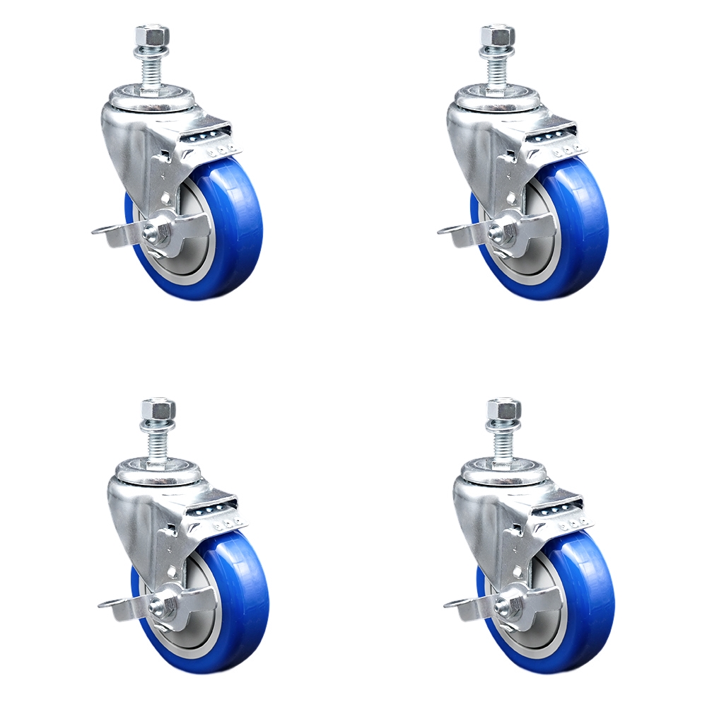 Polyurethane Swivel Threaded Stem Caster Set of 4 w/4" x 1.25" Blue Wheels and 1/2" Stems - Includes 4 with Top Lock Brakes - 1400 lbs Total Capacity - Service Caster Brand — photo 1