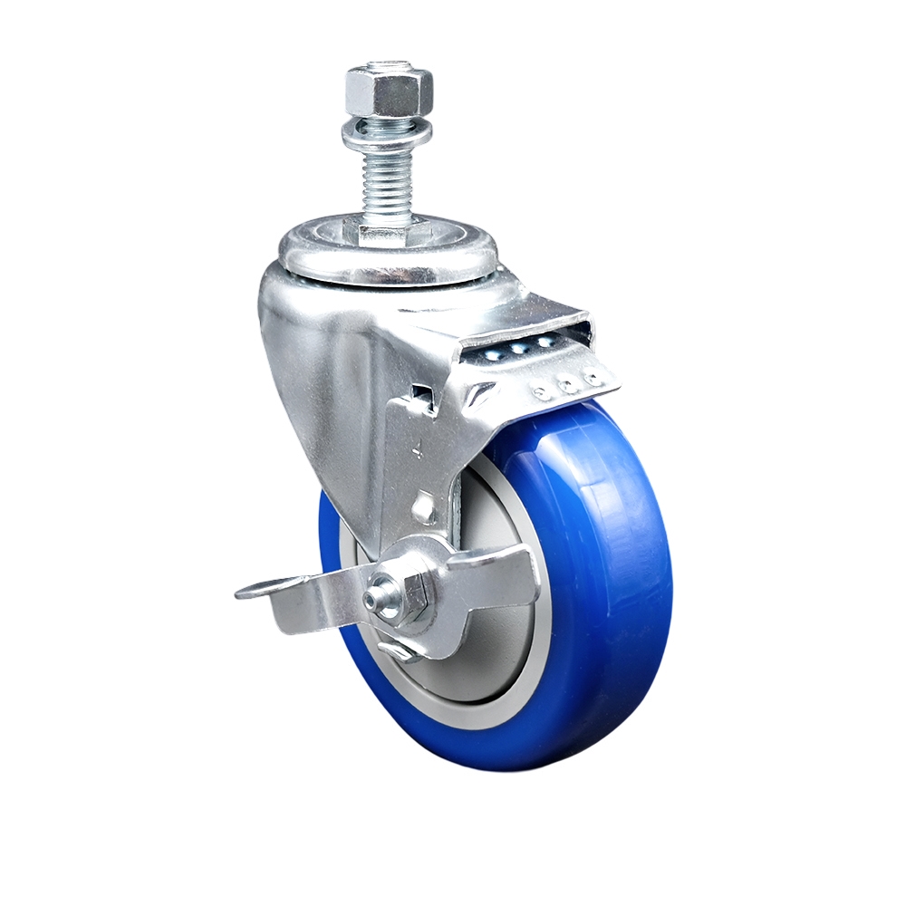 Service Caster Brand Replacement for Colson Caster 2.04254.95 MTG10 BRK1 - Polyurethane Swivel Threaded Stem Caster with 4" Blue Wheel and 1/2" x 3/4" Stem & Top Locking Brake- 350 lbs Capacity/Caster — photo 1