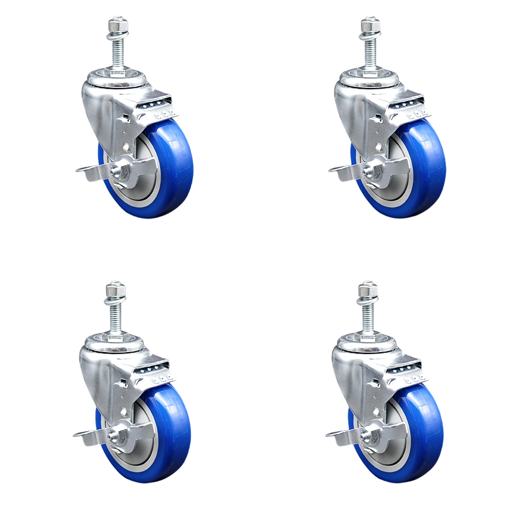 Polyurethane Swivel Threaded Stem Caster Set of 4 w/4" x 1.25" Blue Wheels and 3/8" Stems - Includes 4 with Top Lock Brakes - 1400 lbs Total Capacity - Service Caster Brand — photo 1