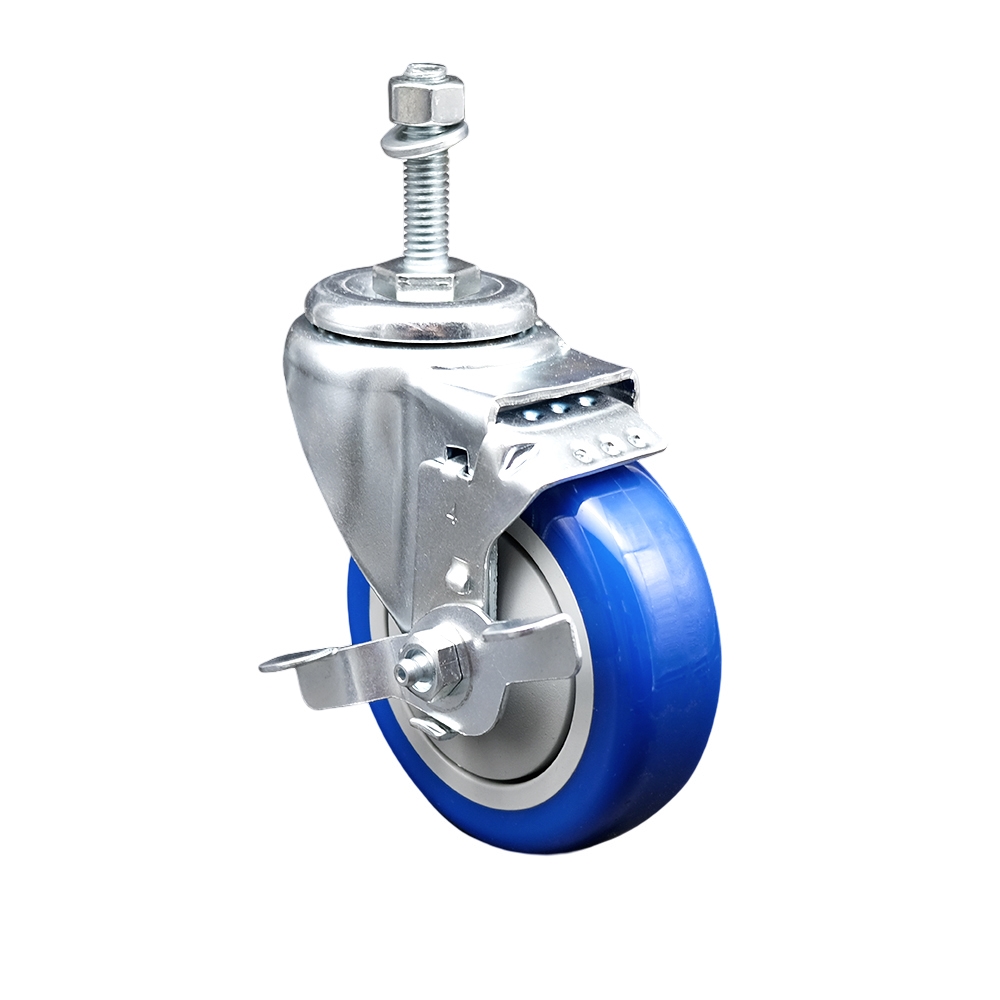 Polyurethane Swivel Threaded Stem Caster w/4" x 1.25"  Blue Wheel and 3/8" Stem & Top Locking Brake - 350 lbs Capacity/Caster - Service Caster Brand — photo 1