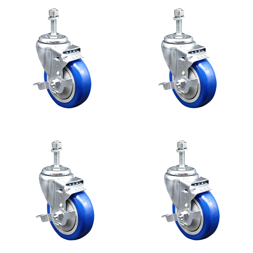 Polyurethane Swivel Threaded Stem Caster Set of 4 w/4" x 1.25" Blue Wheels and 10mm Stems - Includes 4 with Top Lock Brakes - 1400 lbs Total Capacity - Service Caster Brand — photo 1