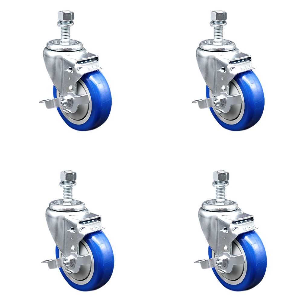 Polyurethane Swivel Threaded Stem Caster Set of 4 w/4" x 1.25" Blue Wheels and 12mm Stems - Includes 4 with Top Lock Brakes - 1400 lbs Total Capacity - Service Caster Brand — photo 1