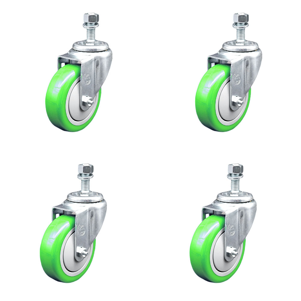 Polyurethane Swivel Threaded Stem Caster Set of 4 w/4" x 1.25" Green Wheels and 1/2" Stems - Includes 4 Swivel - 1400 lbs Total Capacity - Service Caster Brand — photo 1
