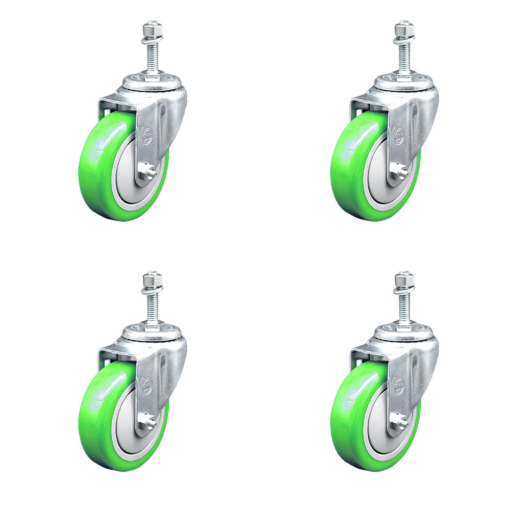 Polyurethane Swivel Threaded Stem Caster Set of 4 w/4" x 1.25" Green Wheels and 3/8" Stems - Includes 4 Swivel - 1400 lbs Total Capacity - Service Caster Brand — photo 1