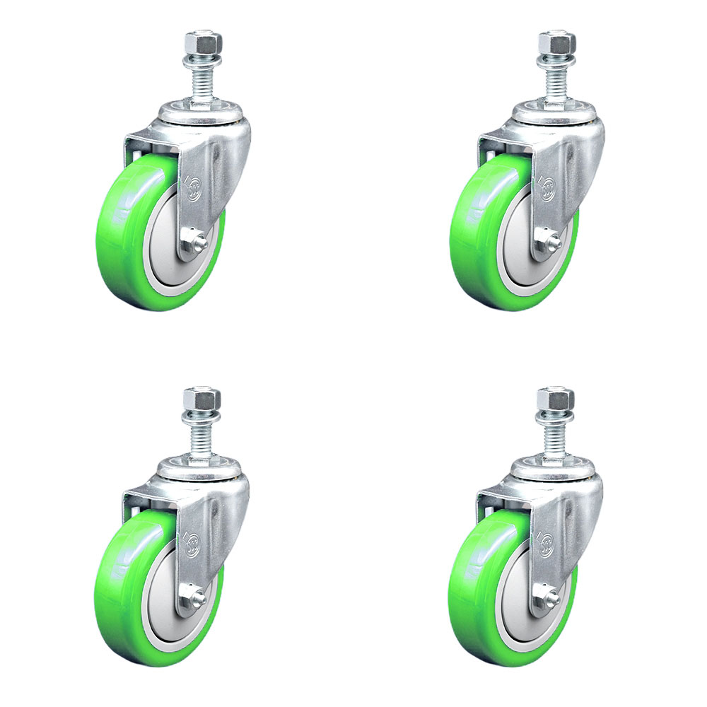 Polyurethane Swivel Threaded Stem Caster Set of 4 w/4" x 1.25" Green Wheels and 12mm Stems - Includes 4 Swivel - 1400 lbs Total Capacity - Service Caster Brand — photo 1